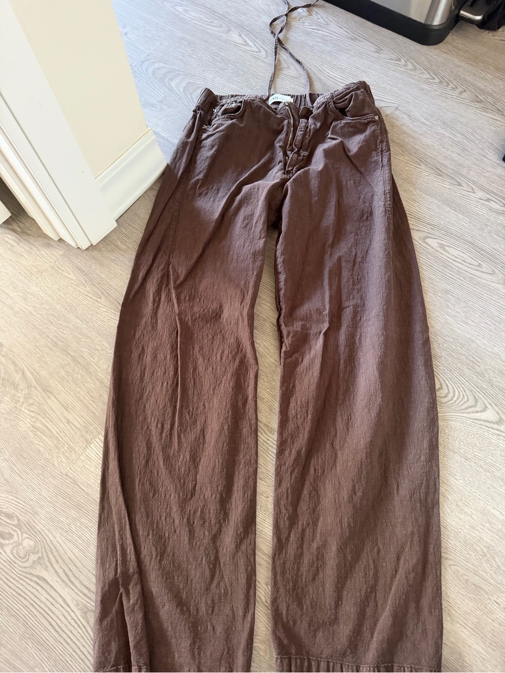 Zara Men's Wide-Leg Drawstring Pants in Brown